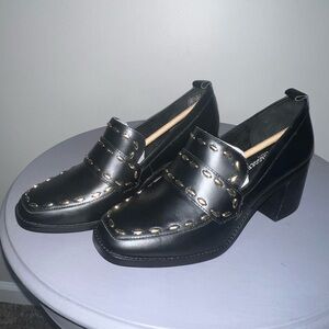 Kelsi Dagger Black Leather Studded Block Heel Loafers